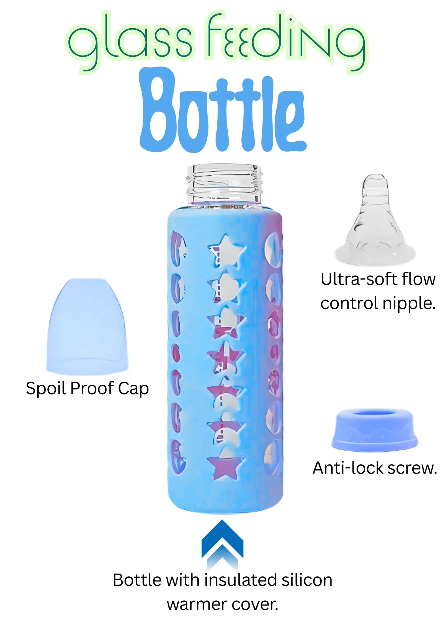 MADCare Blue Glass Feeding Bottle 240 ml – Anti‑Colic Silicone Nipple, Blue Sleeve with Handles
