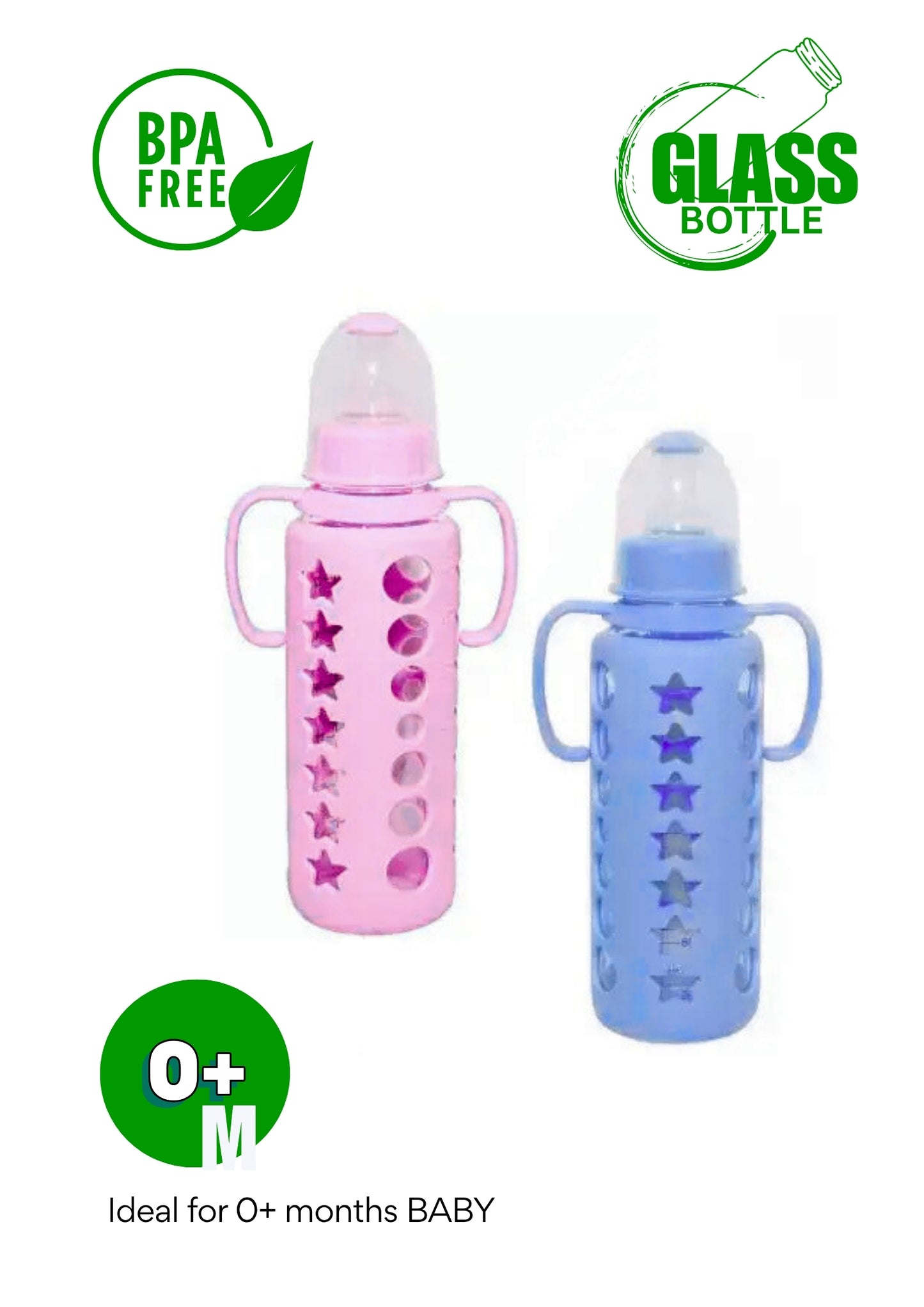 MADCare Blue Glass Feeding Bottle 240 ml – Anti‑Colic Silicone Nipple, Blue Sleeve with Handles