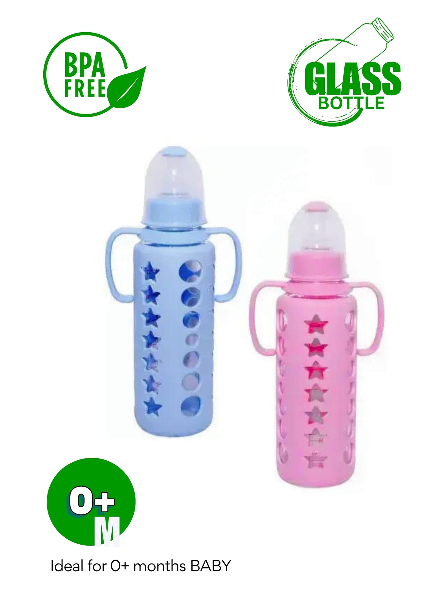 MADCare Glass Feeding Bottle 240 ml – BPA‑Free Silicone Nipple, Anti‑Colic, Pink Sleeve