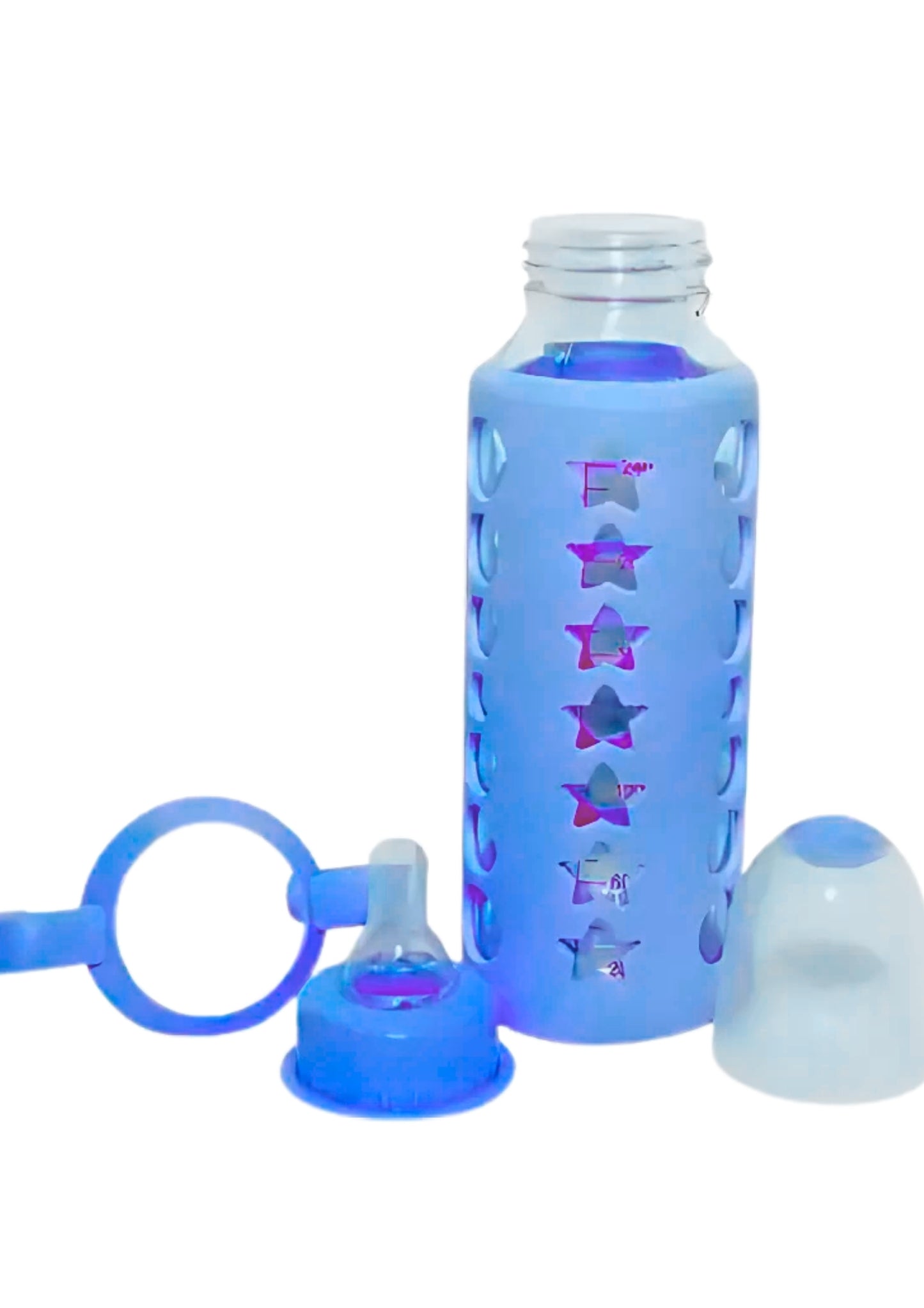 MADCare Blue Glass Feeding Bottle 240 ml – Anti‑Colic Silicone Nipple, Blue Sleeve with Handles