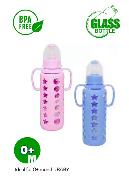 MADCare Blue Glass Feeding Bottle 240 ml – Anti‑Colic Silicone Nipple, Blue Sleeve with Handles