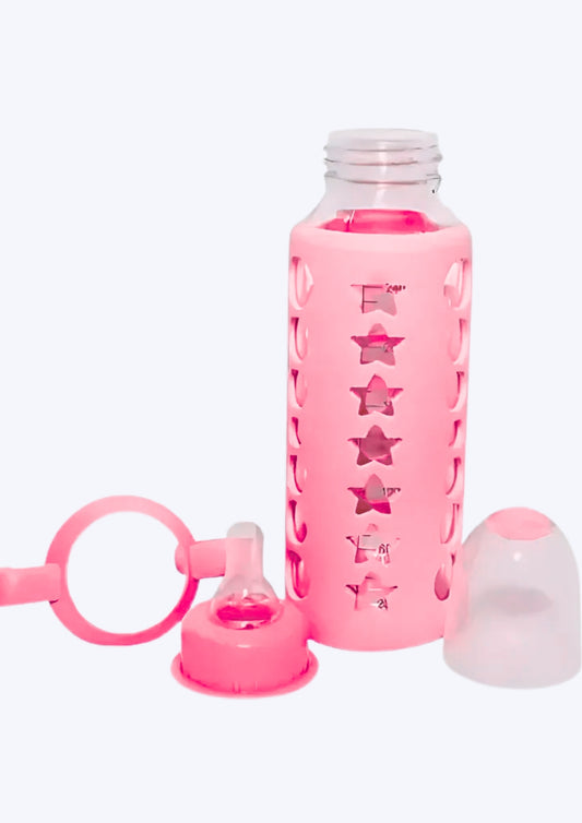 MADCare Glass Feeding Bottle 240 ml – BPA‑Free Silicone Nipple, Anti‑Colic, Pink Sleeve