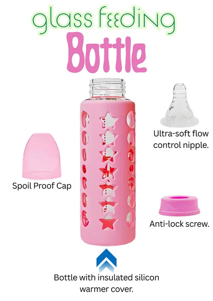 MADCare Glass Feeding Bottle 240 ml – BPA‑Free Silicone Nipple, Anti‑Colic, Pink Sleeve