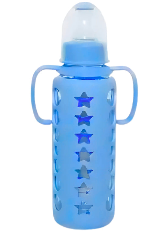 MADCare Blue Glass Feeding Bottle 240 ml – Anti‑Colic Silicone Nipple, Blue Sleeve with Handles