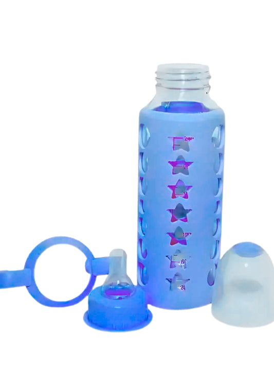 MADCare Blue Glass Feeding Bottle 240 ml – Anti‑Colic Silicone Nipple, Blue Sleeve with Handles