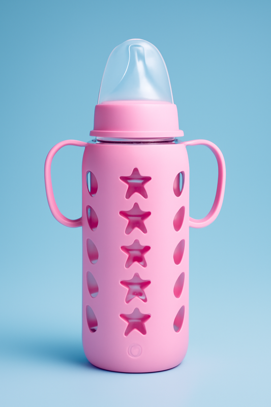 MADCare Glass Feeding Bottle 240 ml – BPA‑Free Silicone Nipple, Anti‑Colic, Pink Sleeve